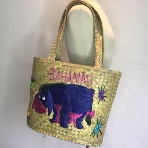 Vintage Bahamas lined woven straw bag with Eeyore / flower/ Bahamas  decoration